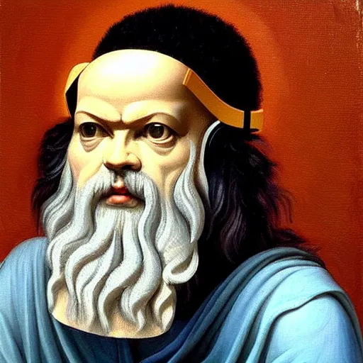 Prompt: socrates wearing a virtual reality headset, VIRTUAL REALITY HEADSET!!!!!!!!!!!!!, oil painting