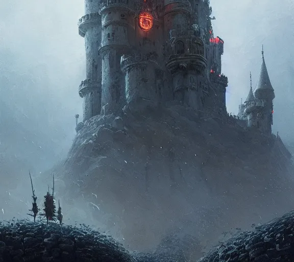 Prompt: A towering Castle made of eyeballs and tentacles, Lovecraftian, 4k, masterpiece, cinematic, glowing, by Greg Rutkowski, Trending on Artstation, Behance.