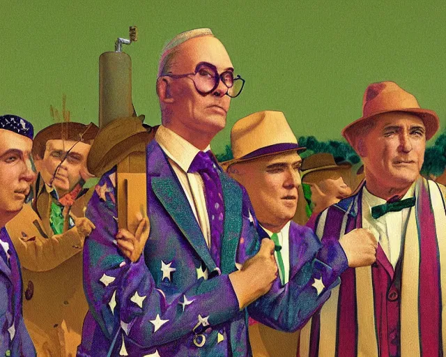 Image similar to incredibly spangly snake oil salesman wearing a purple and green stars and stripes suit, patriotic, painting by Grant Wood, 3D rendering by Beeple