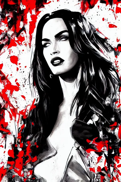 Image similar to dream of a film still from sin city, closeup portrait of film noir megan fox private detective, detailed illustration, digital art, trending on artstation, frank miller, martin ansin, movie poster, paint splatter, black on red, graffiti, gta v,