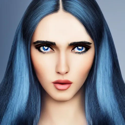 Image similar to raven haired seductive woman with stunning ocean blue irises with a beautiful face, sharp thin nose, fair skin, soft skin, long neck, and elf pointed ears showing bare shoulders