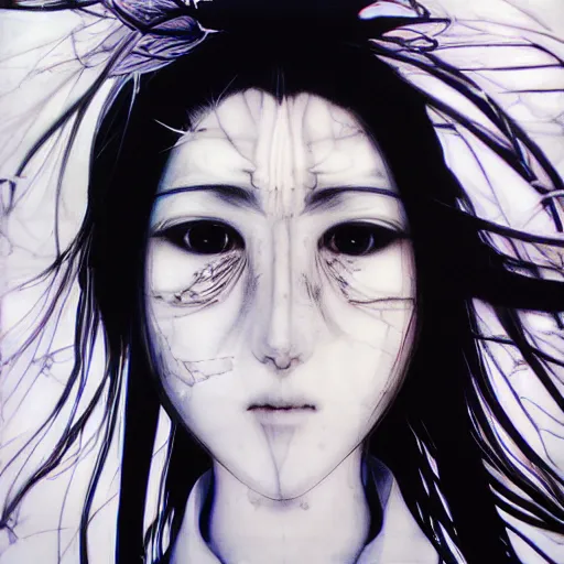 Prompt: Yoshitaka Amano realistic illustration of an anime girl with wavy white hair and cracks on her face wearing white shirt and black tie, abstract black and white patterns on the background, noisy film grain effect, highly detailed, Renaissance oil painting, weird camera angle