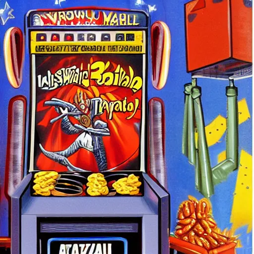 Image similar to pinball machine marquee artwork, an evil space wizard holding a tray of hot dogs over a trashcan in a threatening way, inside a 1 9 8 0's italian mansion