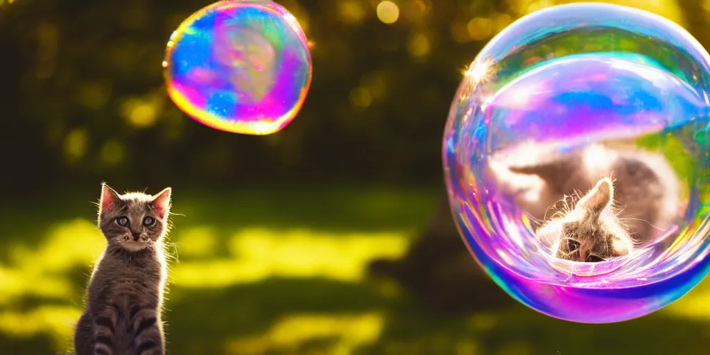 Prompt: an adorable kitten stuck inside of a giant iridescent floating soap bubble, bokeh, golden hour, back yard, golden hour