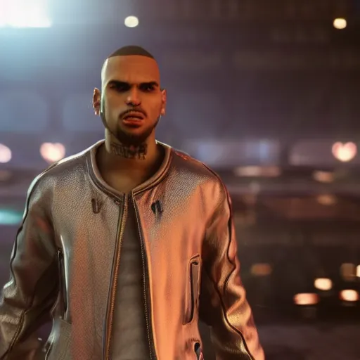 Image similar to a videogame still of Chris Brown in Tekken 7, 40mm lens, shallow depth of field, split lighting