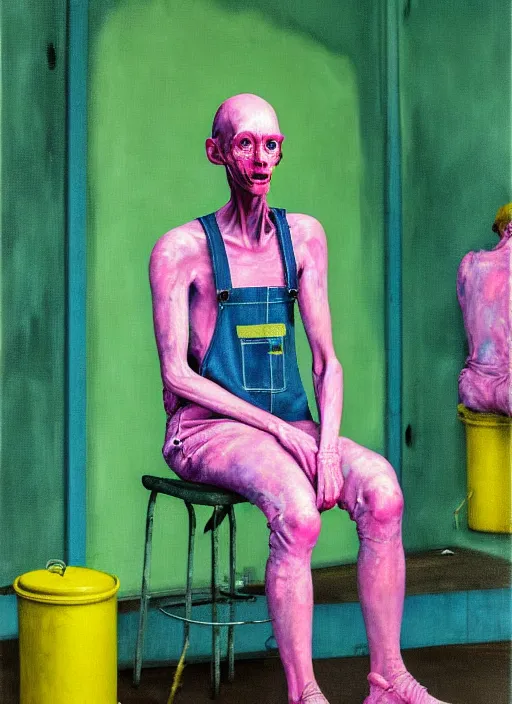 Image similar to a skinny, starving artist wearing overalls, painting the walls inside a deserted chernobyl chamber, hauntingly surreal, highly detailed painting by francis bacon, edward hopper, adrian ghenie, gerhard richter, and james jean, soft light 4 k in pink, green and blue colour palette, science fiction, highly detailed