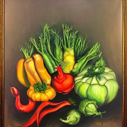 Prompt: a cornucopia of evil vegetables, oil on canvas