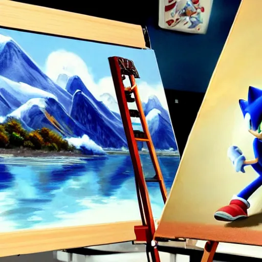 Image similar to a closeup photorealistic photograph of bob ross working on a canvas painting sonic the hedgehog. film still. brightly lit scene. mountain scape. this 4 k hd image is trending on artstation, featured on behance, well - rendered, extra crisp, features intricate detail, epic composition and the style of unreal engine.