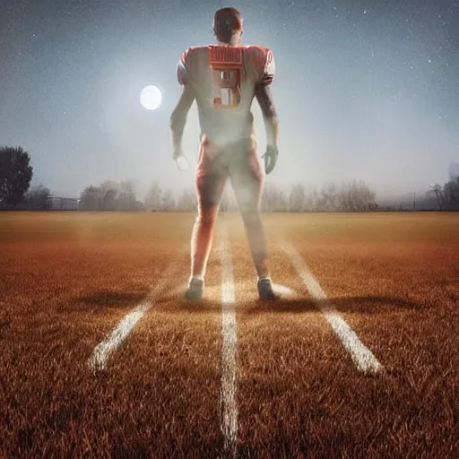 Prompt: “photo of a burning football player linebacker standing in an empty field of grass at night with the moon overhead. Cursed image.”