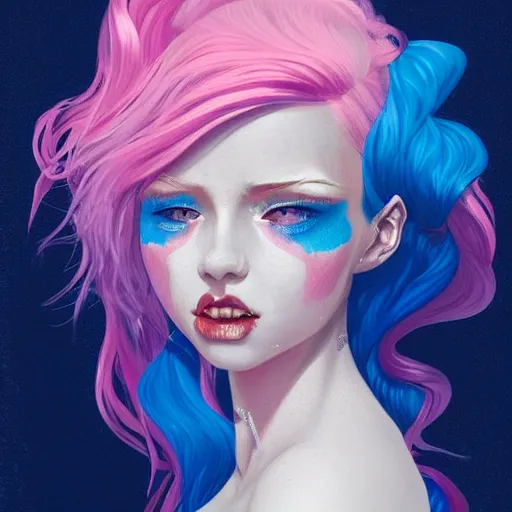 Prompt: beautiful magic angel with pink hair, full body, blue piercing eyes, thin features, beautiful aesthetic, by james jean, trending on artstation, digital art