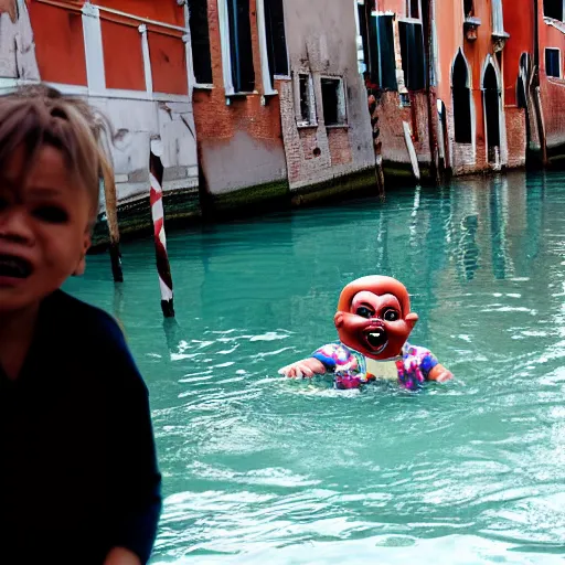 Image similar to a screaming chucky doll swimming after a gondola of tourists in venice