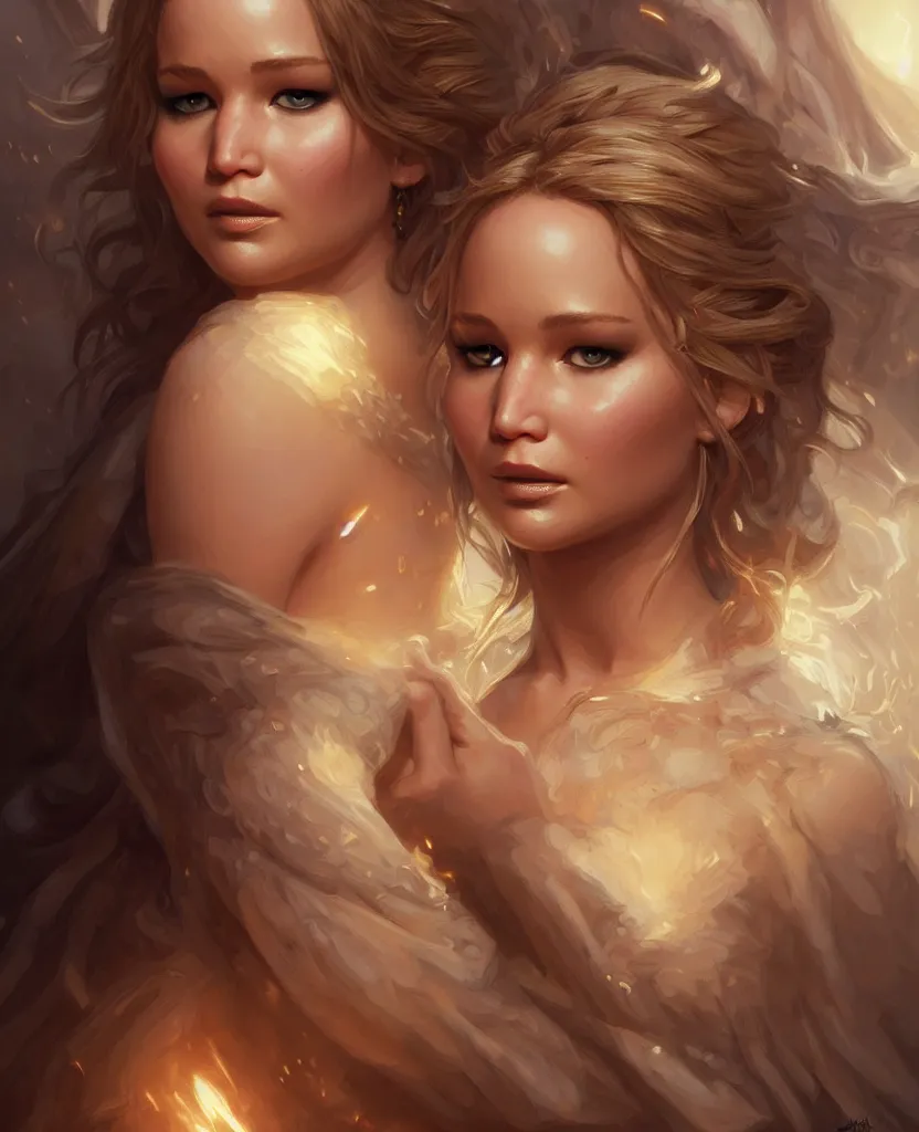 Image similar to Jennifer Lawrence, closeup, D&D, fantasy, intricate, elegant, highly detailed, digital painting, artstation, concept art, matte, sharp focus, illustration, hearthstone, art by Artgerm and Greg Rutkowski and Alphonse Mucha