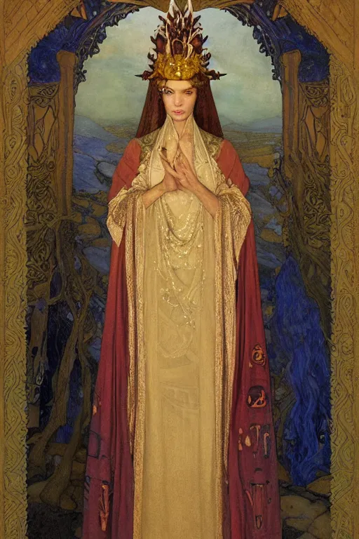 Image similar to portrait of the last queen of the dawn mountains with her lantern and regalia, by Annie Swynnerton and Nicholas Roerich and John Bauer and John William Godward and Donato Giancola and Vermeer, embroidered velvet, iridescent beetles, rich color, ornate headdress, flowing robes, lost runes, ancient civilizations, dramatic cinematic lighting, featured on Artstation, extremely detailed