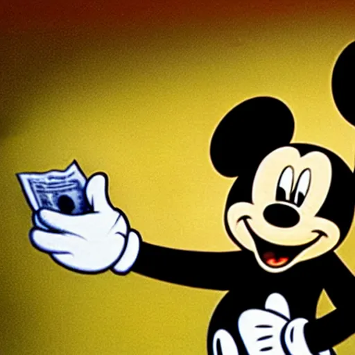 Image similar to Mickey Mouse coming to collect a debt, screenshot from a horror movie