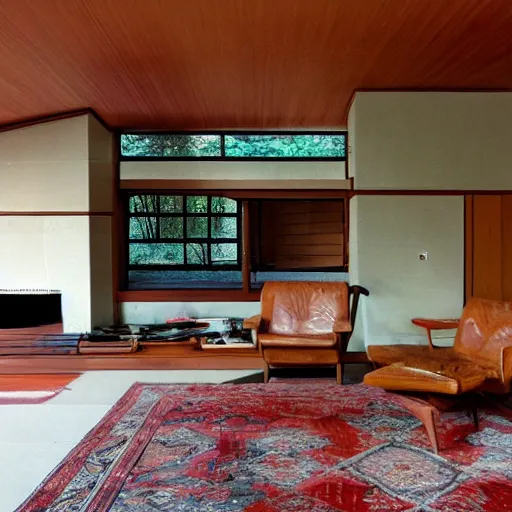 Image similar to mid century living room sunken into the ground, fireplace, big windows, frank lloyd wright