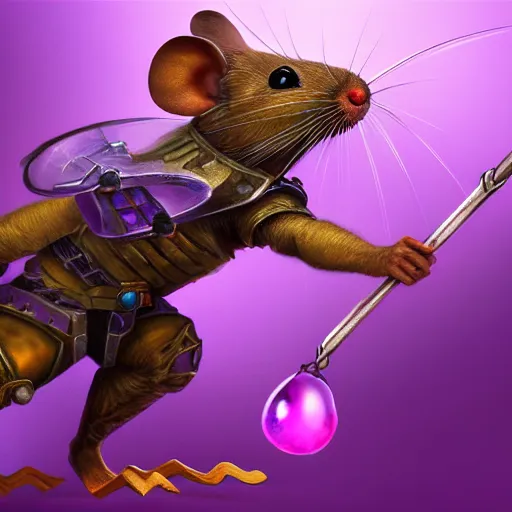 Prompt: armored mouse warrior reaching for a floating purple crystal, Digital Oil Painting, trending on Artstation, highly detailed, 8k, UHD