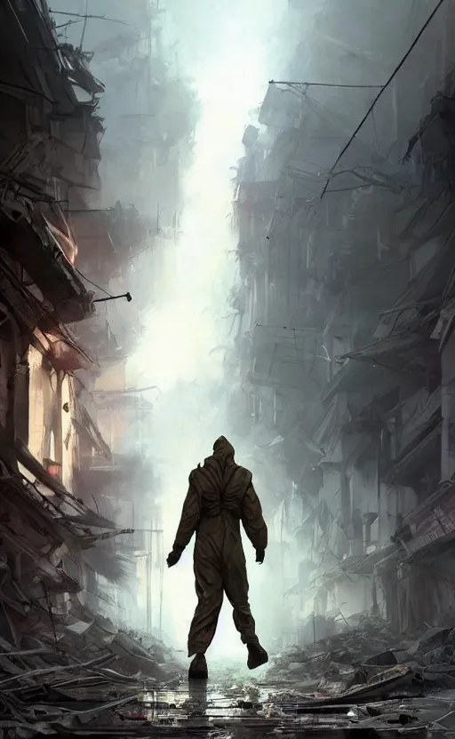 Prompt: a beautiful artwork illustration, a single person in a hazmat suit walking through a destroyed city, volumetric fog, godrays, high contrast, high contrast, high contrast, vibrant colors, vivid colors, high saturation, by Greg Rutkowski and Jesper Ejsing and Raymond Swanland, featured on artstation, wide angle, vertical orientation