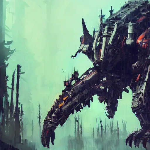 Prompt: machine beast, by Ismail Inceoglu, horizon zero dawn, mechanical, detailed, complex, brushstrokes, monster, creature, illustration, concept art, 4K