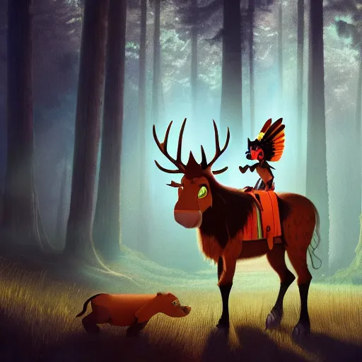 Image similar to medium shot native american with animal companion, in a dark forest, mysterious, backlit, still from a pixar dreamworks movie, trending on artstation