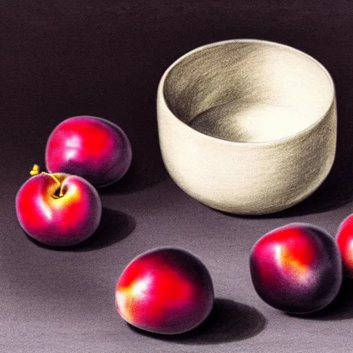 Image similar to concept art drawing of a single thick porcelain bowl filled with a few moist freshly picked plums on a wooden table. volumetric lighting. small scale. artistic. trending on artstation.