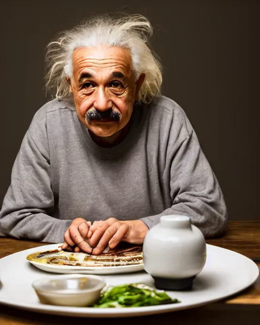 Prompt: a portrait of albert einstein sitting at the dining table with a plate containing tonkotsu ramen in front of him, highly detailed, trending on artstation, bokeh, 9 0 mm, f / 1. 4