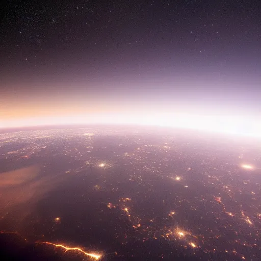 Image similar to a view from deep space of earth, half of the planet is invisible and half shows the lights of cities