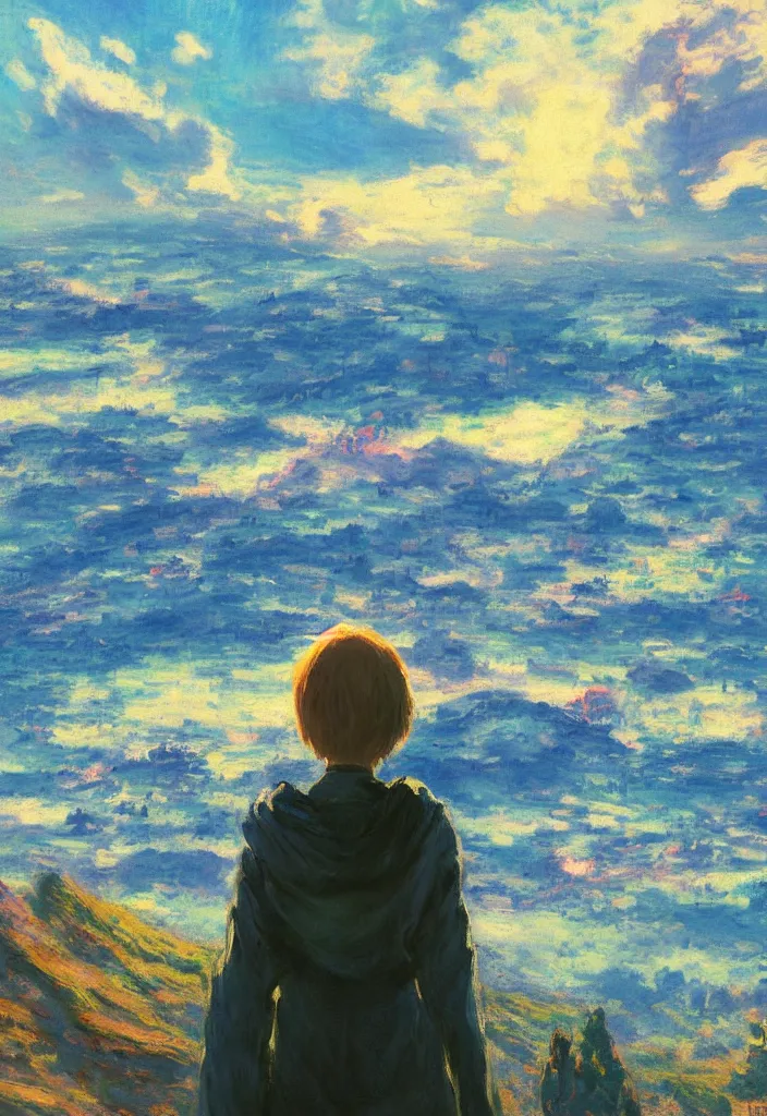 Image similar to tiny god in front of a japanese city in the mountain. cyberpunk. beautiful blue sky. gorgeous epic nature, lofi, vivid colors, amazing light, by jeremy lipkin, by claude monet, heavily inspired by makoto shinkai, inspired by ghibli, masterpiece, multiple brush strokes, impressionist style