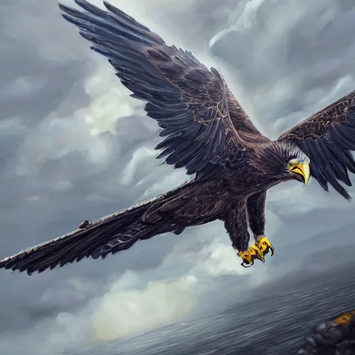 Image similar to A extremely detailed painting of a eagle mixed with a fighterjet, standing bird, sharp claws, cloudy, midnight, smoke, ultra high detail digital art, trending on Artstation, unreal engine