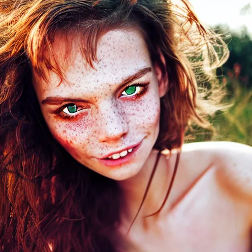 Image similar to portrait of a cute thin young woman, bronze brown hair, eye color is emerald green, red blush, cute freckles, smug smile, modern clothes, relaxing on the beach, golden hour, close up shot, 8 k, art by irakli nadar, hyperrealism, hyperdetailed, ultra realistic