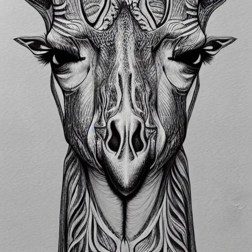 Image similar to a symmetrical portrait illustration of a giraffe hand drawn sketch on artstation 4 k intricate extremely detailed digital art by alex grey