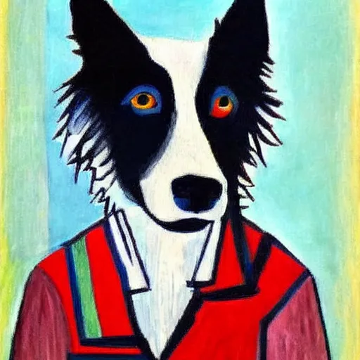 Prompt: a border collie, painting by Picasso, dramatic