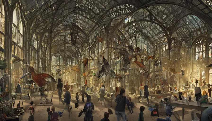 Prompt: interior of crowded neo - gothic london's indoor birds zoo, hyperdetailed, artstation, cgsociety, 8 k