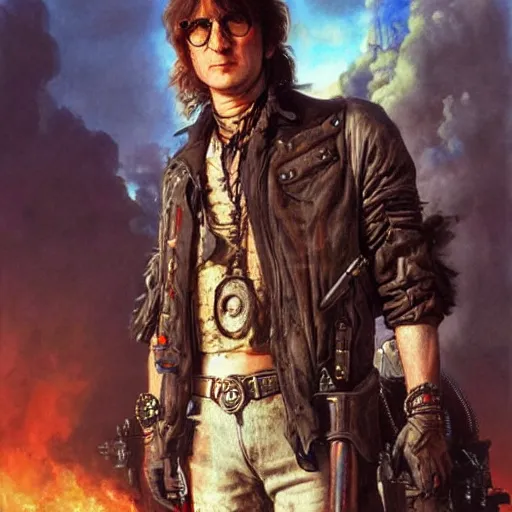 Prompt: john lennon as a mad max villain, ultra realistic, concept art, intricate details, highly detailed, photorealistic, octane render, 8 k, unreal engine, art by frank frazetta, simon bisley, brom