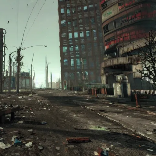 Prompt: Rotterdam in ruins post-nuclear war in Fallout 4, in game screenshot