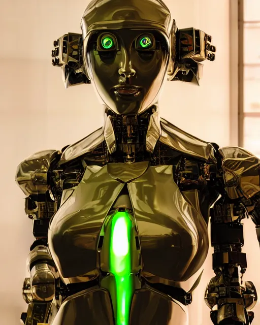 Prompt: photo of sensual female as a solarpunk mecha humanoid robotic head and face parts with straight fluorescent lamps over face, real human face with skin, ultra - realistic and detailed, long exposure, soft focus hdr 8 k