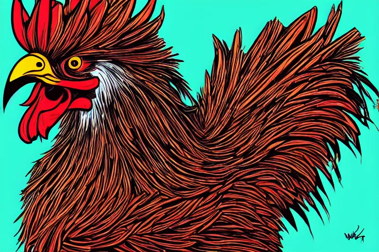 Image similar to illustration of an angry rooster, by willian santiago, intricate, detailed, sharp focus, lively colors