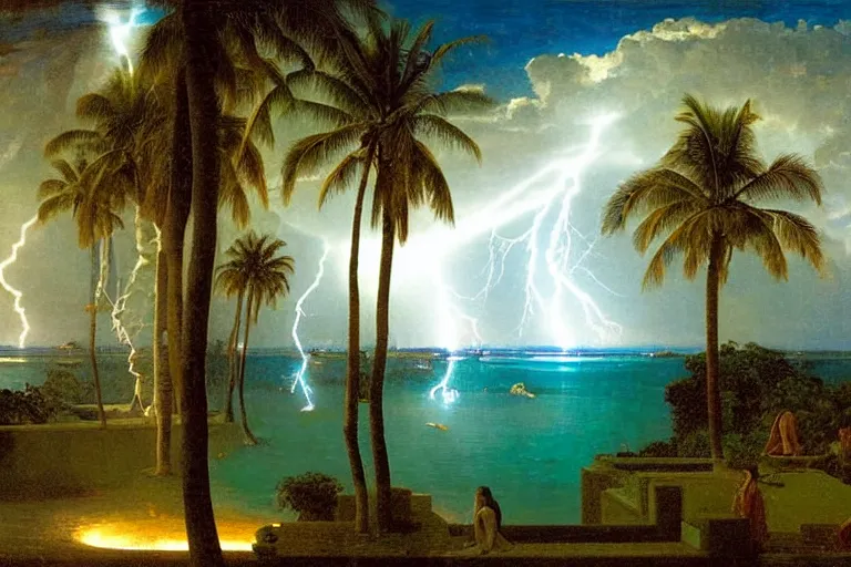 Prompt: From inside of the palace, refracted lightnings on the ocean, thunderstorm, greek pool, beach and Tropical vegetation on the background major arcana sky and occult symbols, by paul delaroche, hyperrealistic 4k uhd, award-winning, very detailed paradise