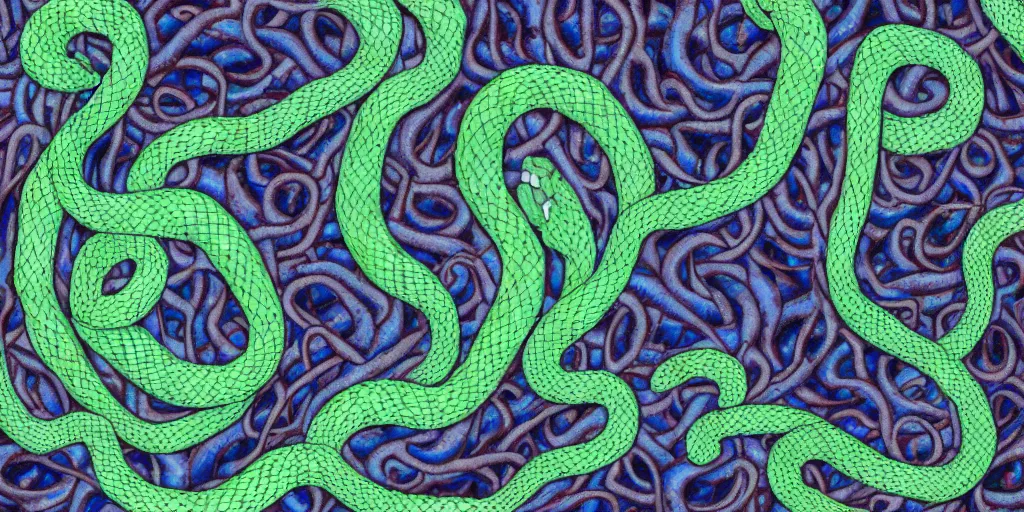 Image similar to queen of snakes, crown of vines, pale blue skin, emerald eyes, sapphire scales