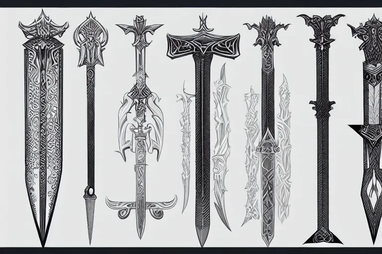 Image similar to design sheet of various magic swords, intricate linework, swords, blades, weapon designs, clean lines