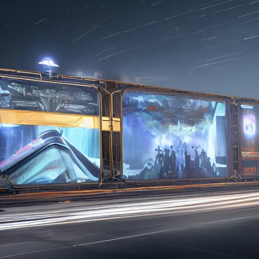 Image similar to sci-fi cars wall structure on the coronation of napoleon painting and digital billboard in the middle, unreal engine 5, keyshot, octane, artstation trending, ultra high detail, ultra realistic, cinematic, 8k, 16k, in style of zaha hadid, in plastic, dark, tilt shift,