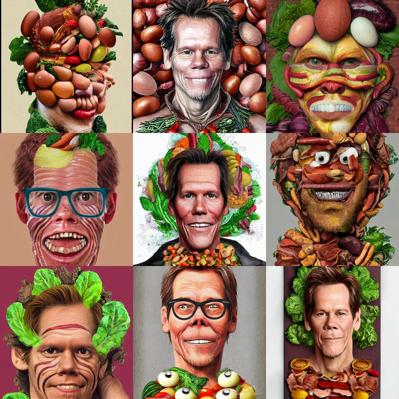 Prompt: kevin bacon made of eggs and 🥓 bacon and vegetables, digital painting by arcimboldo