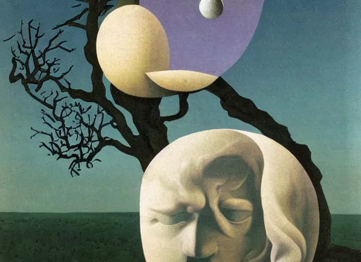 Prompt: non - euclidean pagan ancient god statue on a spherical tree by salvadore dali and rene magritte