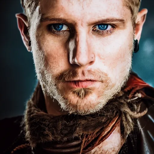 Prompt: portrait photo of a short hair blonde irish pirate, clean shaven, cinematic shot, sigma lens