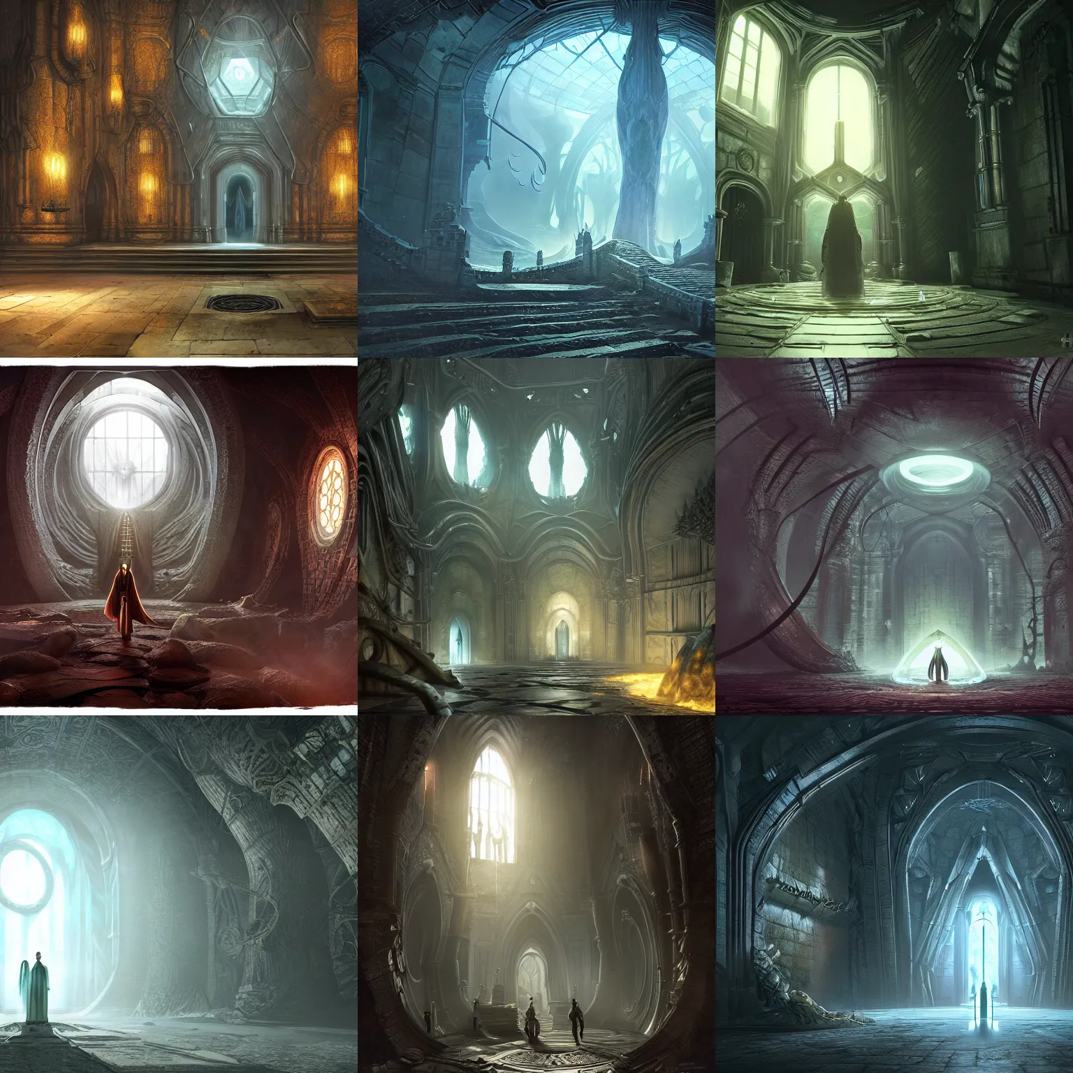 Prompt: portal to another world of lovecraft, Great Hall of Celeano, Marc simonetti, Detective, Zaha Hadid, detailed futuristic architecture, Maya render, raytracing, epic cinematography, in the style of Lord of the Rings, Weta Digital, Wētā FX