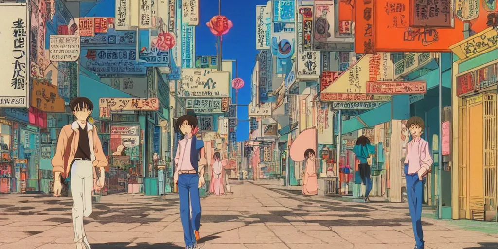 Image similar to man walking streets of quarter latin, sprite, vaporwave nostalgia, directed by beat takeshi, visual novel cg, 8 0 s anime vibe, kimagure orange road, maison ikkoku, sketch by osamu tezuka, directed by makoto shinkai and beat takeshi