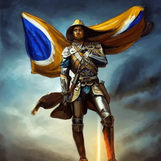 Image similar to a full body shot from distance of a great soldier with a yellow and blue flag standing in the beam of light from the clouds in a triumph after battle, western, masculine figure, D&D, fantasy, intricate, elegant, highly detailed, digital painting, artstation, concept art, matte, sharp focus, symmetrical, illustration, art by Artgerm and Greg Rutkowski and Alphonse Mucha