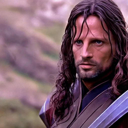 Prompt: A still of Aragorn on Star Trek: The Original Series, red shirt, sharp focus, high quality, very realistic, 4k