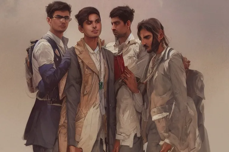 Image similar to Anxious good looking pale young Indian doctors wearing American clothes at the airport, portrait, elegant, intricate, digital painting, artstation, concept art, smooth, sharp focus, illustration, art by artgerm and greg rutkowski and alphonse mucha