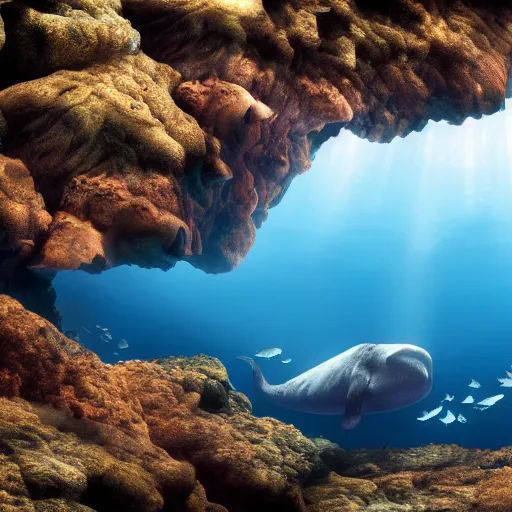 Image similar to ultra realistic underwater photography, panoramic picture of an ocean floor with large baluga whales. lots of bubbles. seaweed and some rocks. gloomy scattered light entering from the water surface, artstation, 8 k