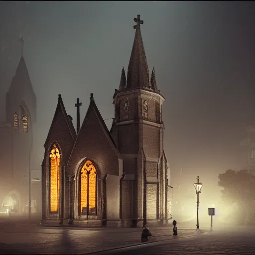 Image similar to victorian church in the middle of the city, dark, misty, at night, 8 k, detailed, concept art, trending on artstation